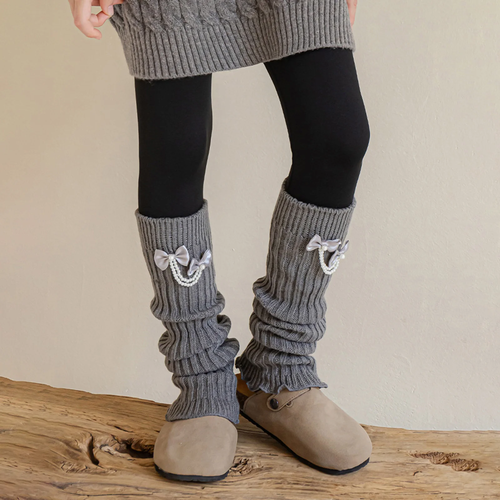 Suefunskry Calentador de piernas de punto para niñas, elegante lazo con perlas, cubierta de pantorrilla, calcetines para botas, ropa de calle para fiesta diaria - imagen 4