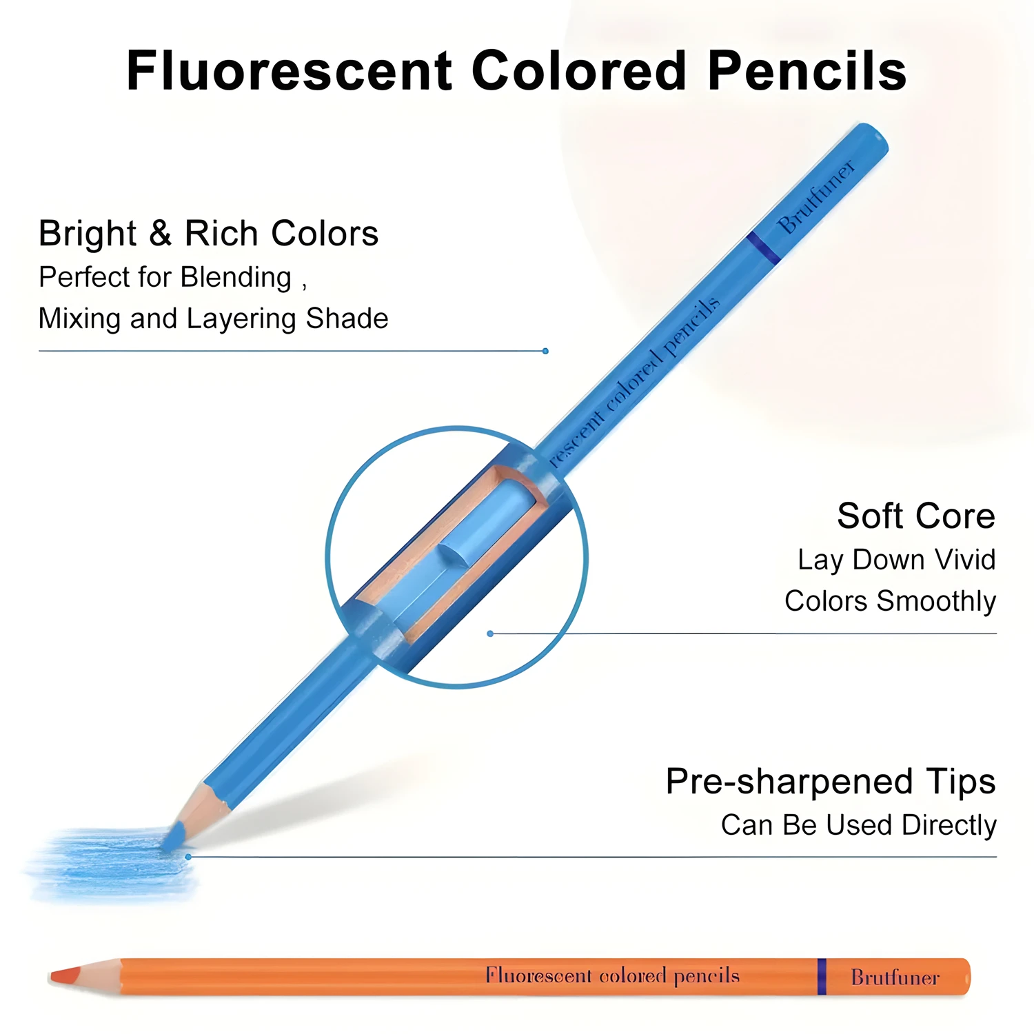 Brutfuner Lápices de colores fluorescentes preafilados de 50 unidades, punta media, madera, núcleo suave, calidad artística para dibujar y colorear - imagen 4
