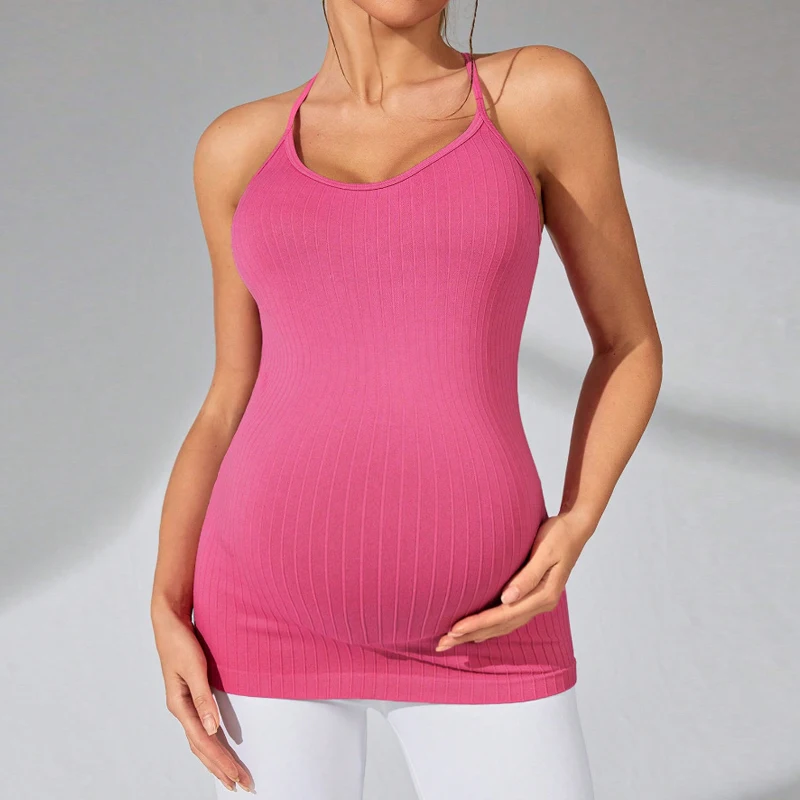 Mujeres embarazadas Correa de espagueti Cuello en V Ajuste Camisola de embarazo Y-Back Sin mangas Camiseta sin mangas de maternidad - imagen 3