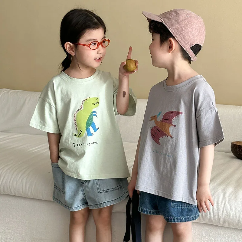 MILANCEL, nueva camiseta de verano para niños, camiseta con letras de dinosaurio de dibujos animados para niñas, camisetas holgadas de algodón para niños - imagen 5