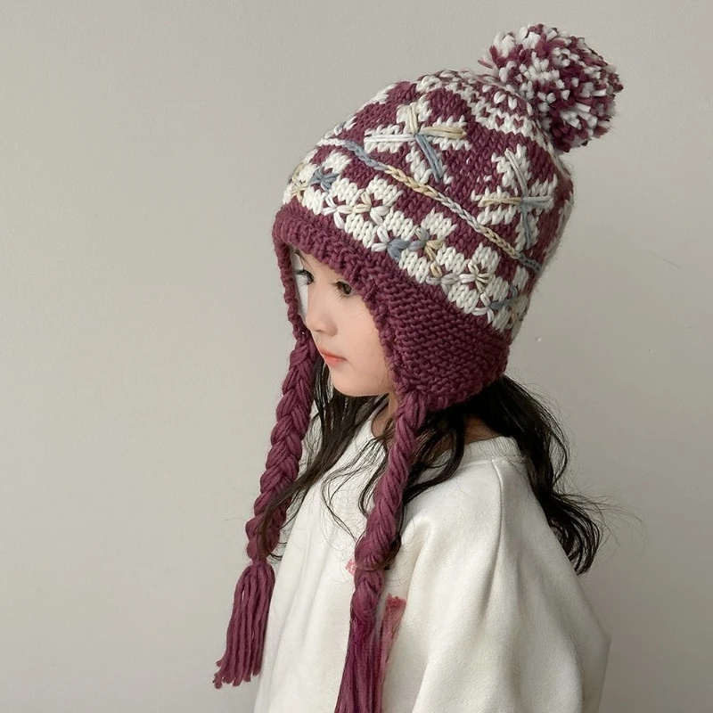 Gorro de punto para niños estilo japonés Ins, cálido con forro polar para otoño-invierno, patrón jacquard, orejeras, suave para bebés. - imagen 3