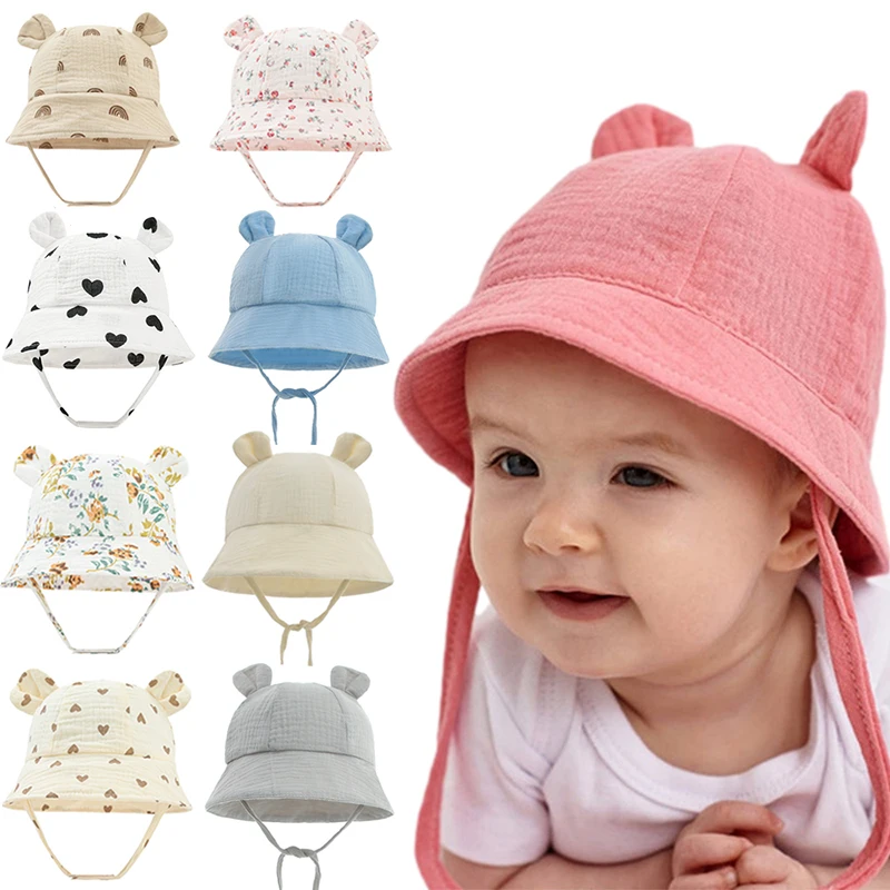 Gorro de muselina para bebé recién nacido, sombreros de cubo para niña y niño, gorros de pescador con estampado bonito, gorra para el sol de Panamá para niño pequeño de 3 a 12 M