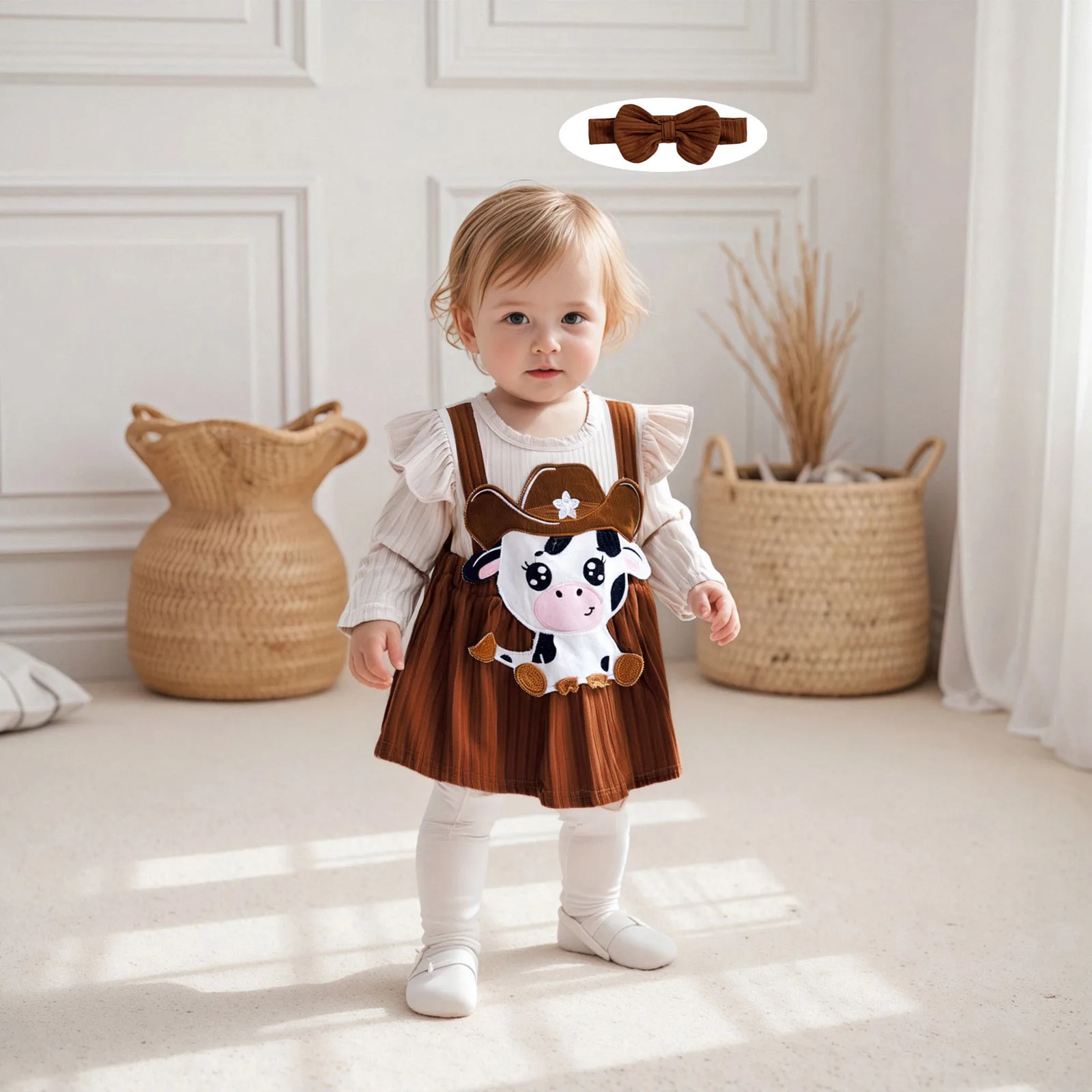SUNSIOM Conjunto de 2 piezas de trajes de otoño para niñas, mameluco bordado de vaca de manga larga con diadema, ropa occidental para recién nacidos - imagen 4