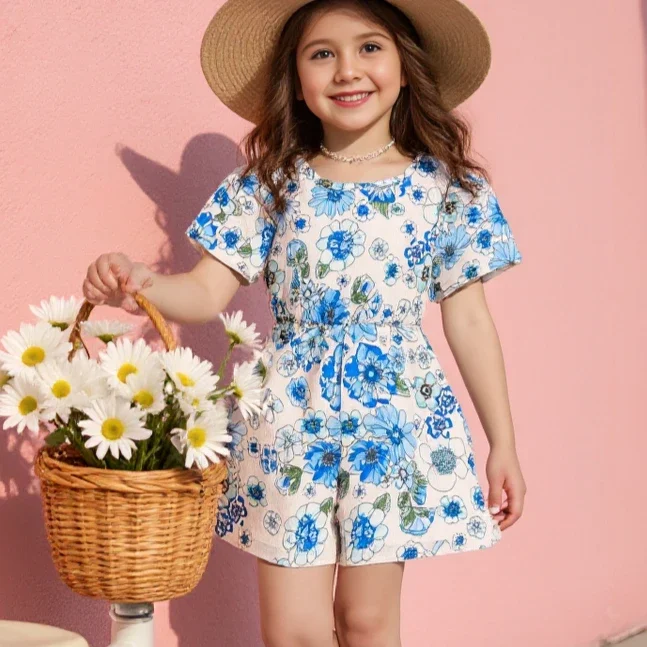 Nuevo Mono de verano para niñas, pelele de manga corta con flores azules para niños, ropa informal de moda para vacaciones para niños de 2 3 4 5 6 7 años