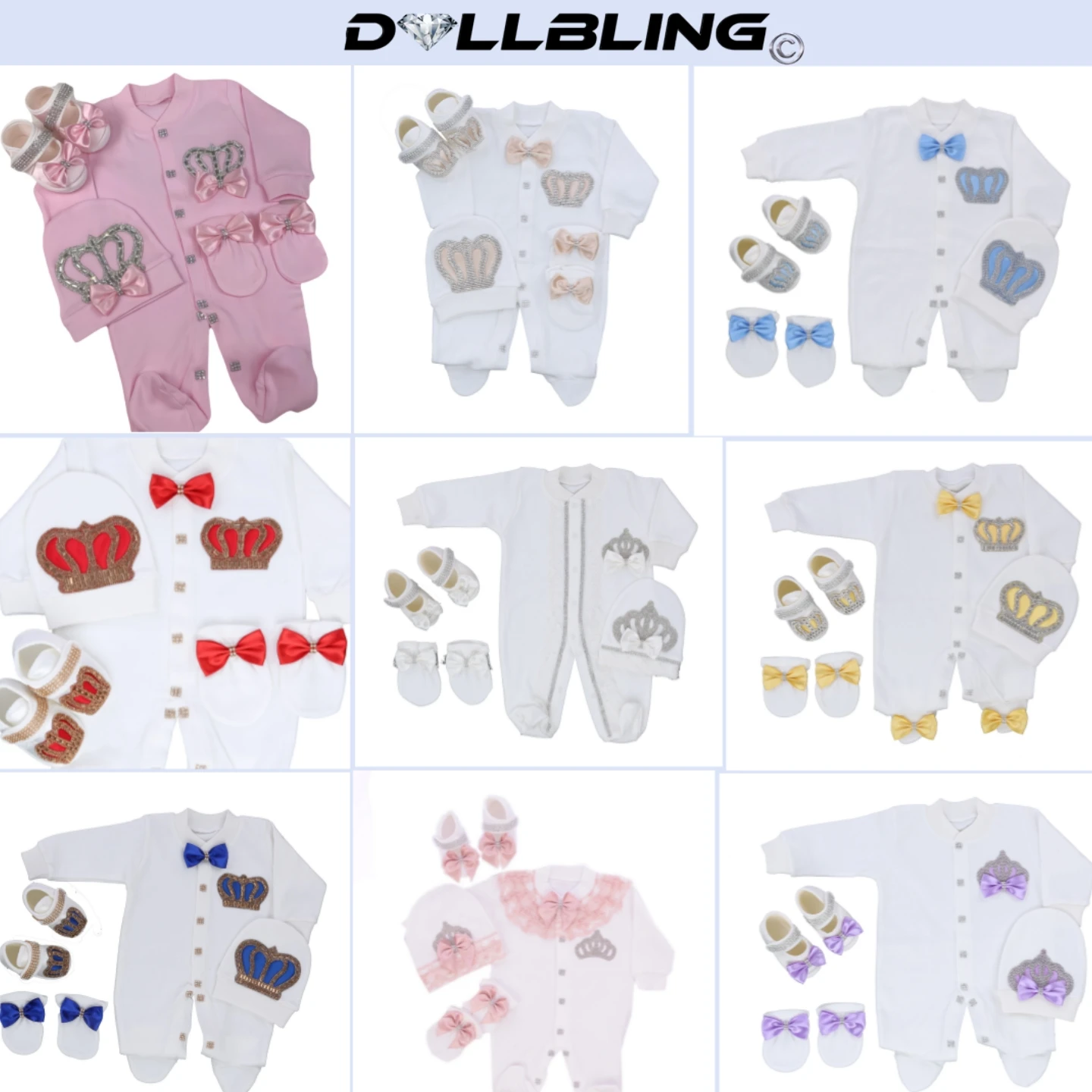 Dollbling Royal Bling joyería corona regalo conjuntos de ropa bienvenida a casa mamelucos de bebé mitones capó pijama traje 4 Uds Layette - imagen 4