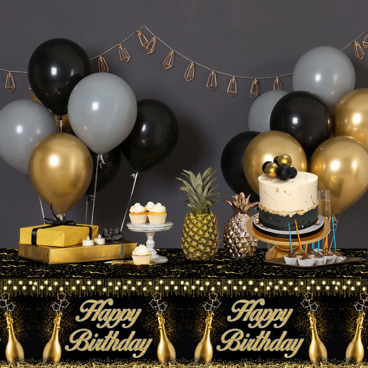 Camino de mesa de cumpleaños de oro negro, mantel de pancarta, decoración de fiesta de Cumpleaños feliz 30, 40, 50, 50 - imagen 5