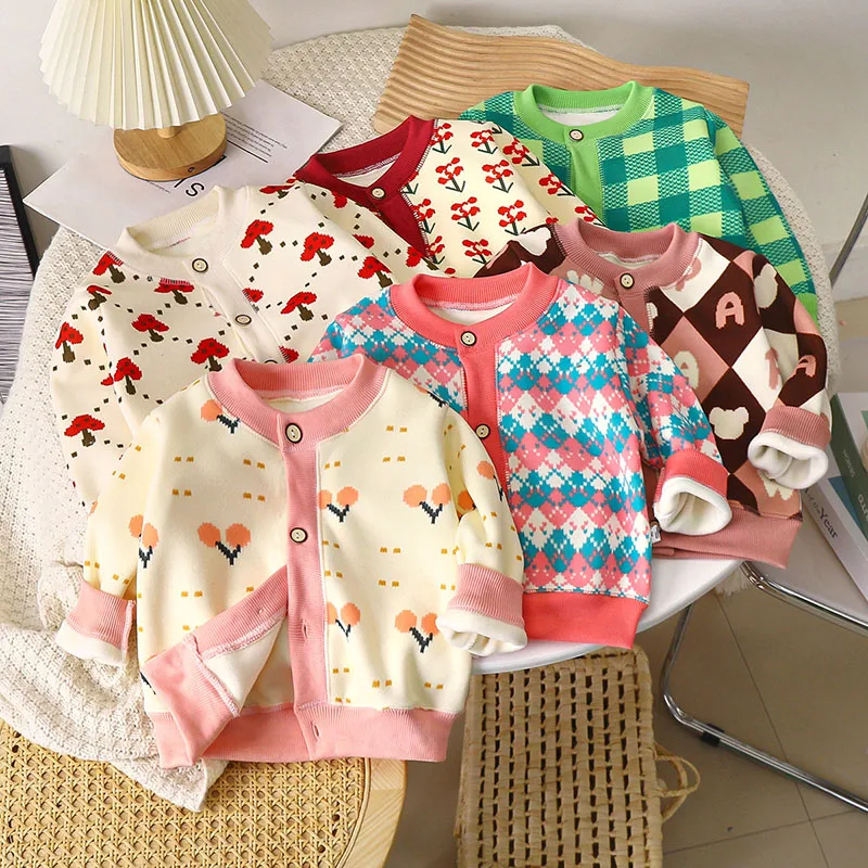 Abrigo acolchado de piel para niñas, cárdigan cálido con patrón de cuadros de cereza dulce, Chaqueta de punto para niños, 1-7T, 6 colores, otoño - imagen 2