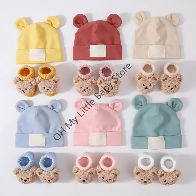 M76C Patrón oreja transpirable Baby Hat and Calcets Elástico Mezcla poliéster algodón Mezcla suave en piel sensible