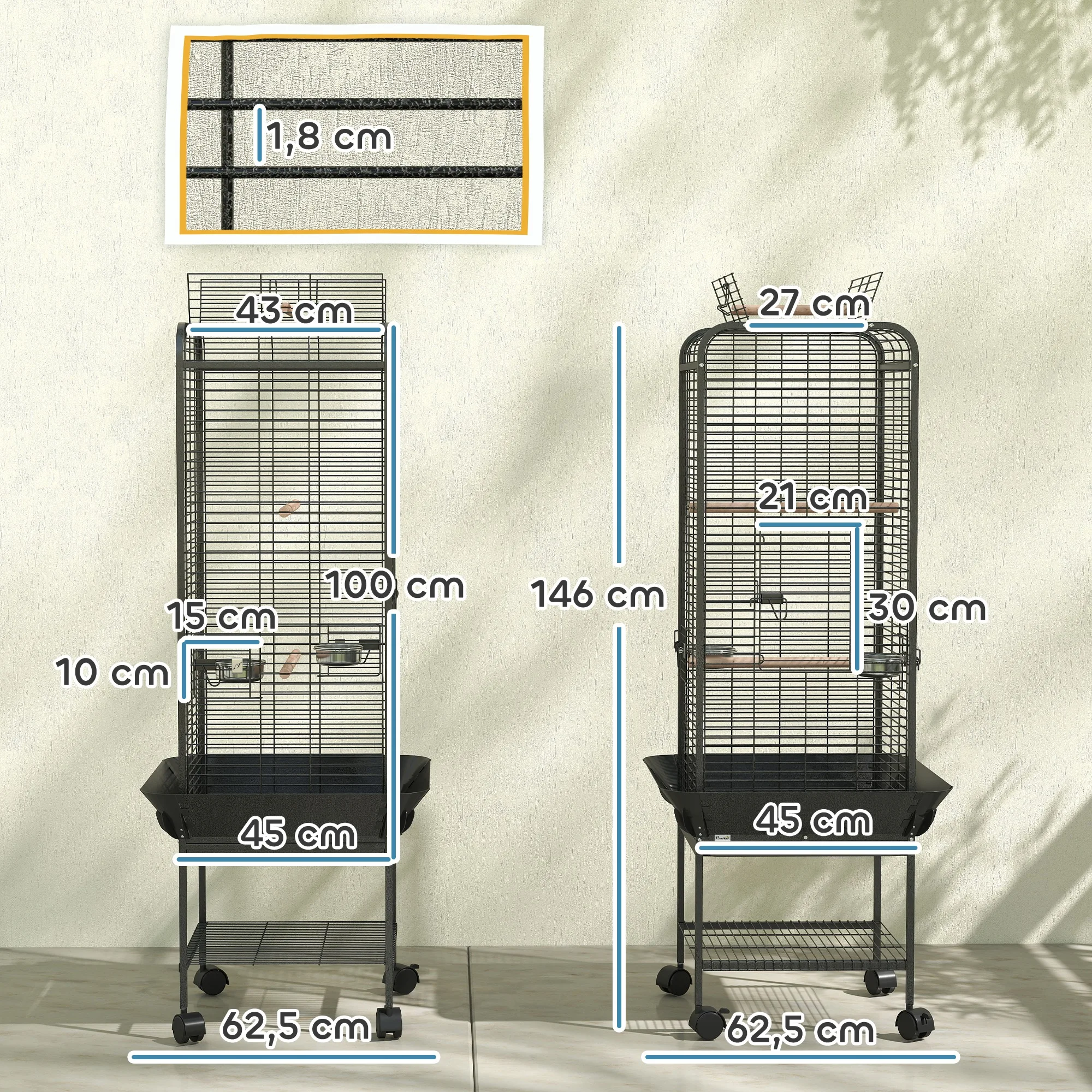 PawHut Jaula para Pájaros Jaula para Loros con Ruedas Perchas Comederos Estante y Bandeja Extraíble Pajarera para Cacatúas Cotorras 62,5x62,5x146 cm Gris Oscuro - imagen 3