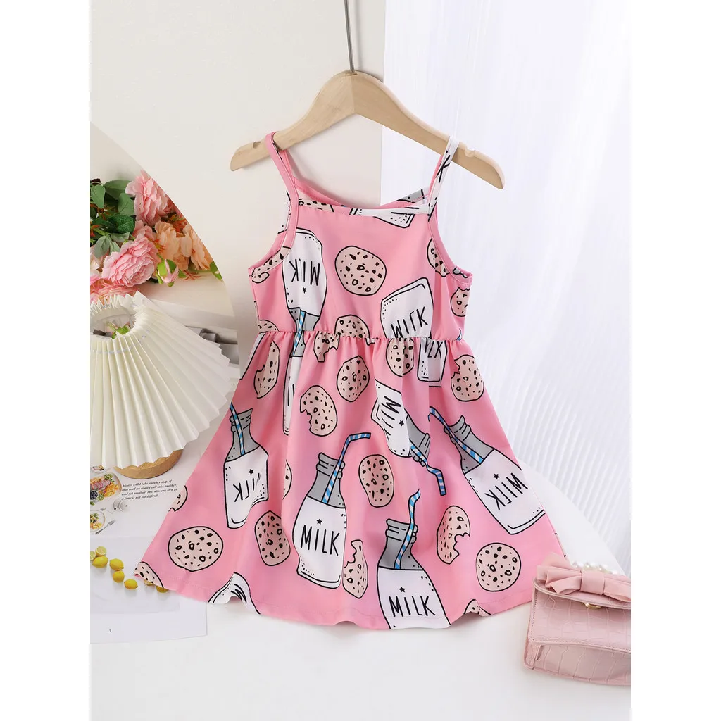 Vestido con tirantes para niña de 4 a 7 años, bonito vestido sin mangas con estampado de galletas y leche, ropa diaria de verano, vestidos para niños - imagen 2