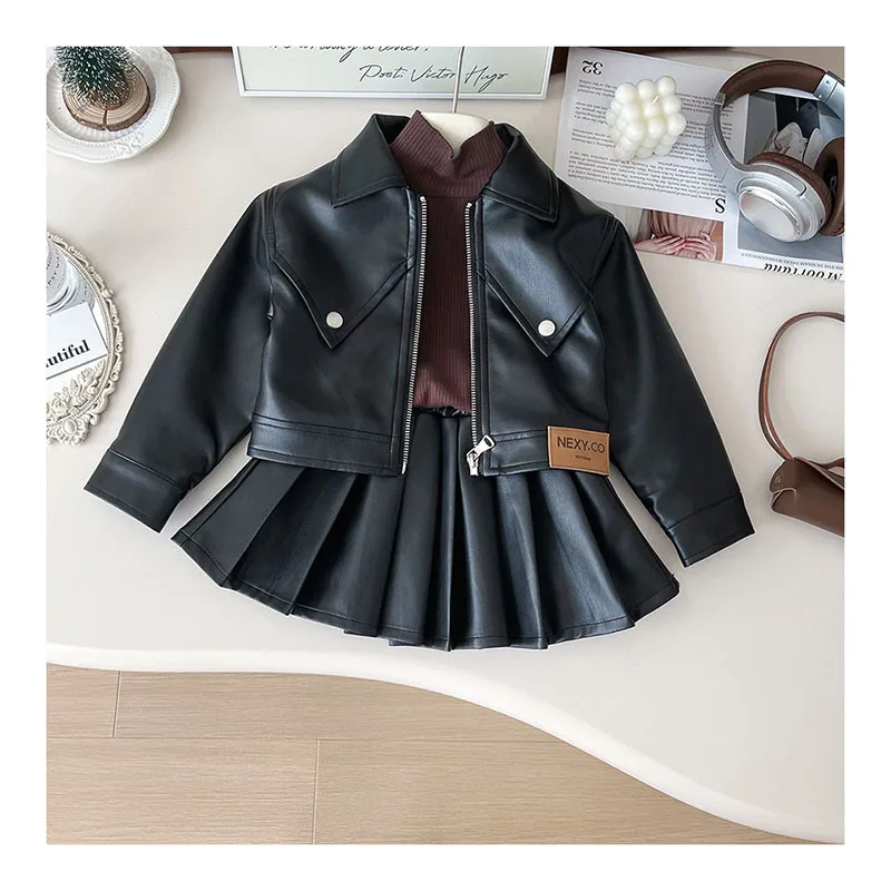 Ropa de otoño para niña, chaqueta de cuero, traje, conjunto de motocicleta de estilo coreano con estilo, abrigo corto, Falda plisada, 2 uds., 2024