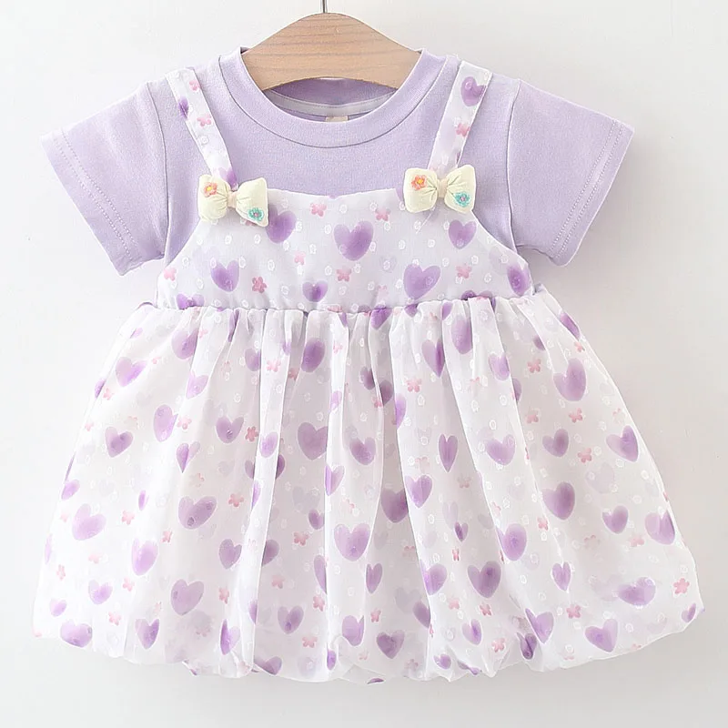 2025 vestidos infantiles para niñas, ropa de Boutique, moda coreana, bonito lazo de princesa, vestido de manga corta de malla de algodón para niños pequeños B120