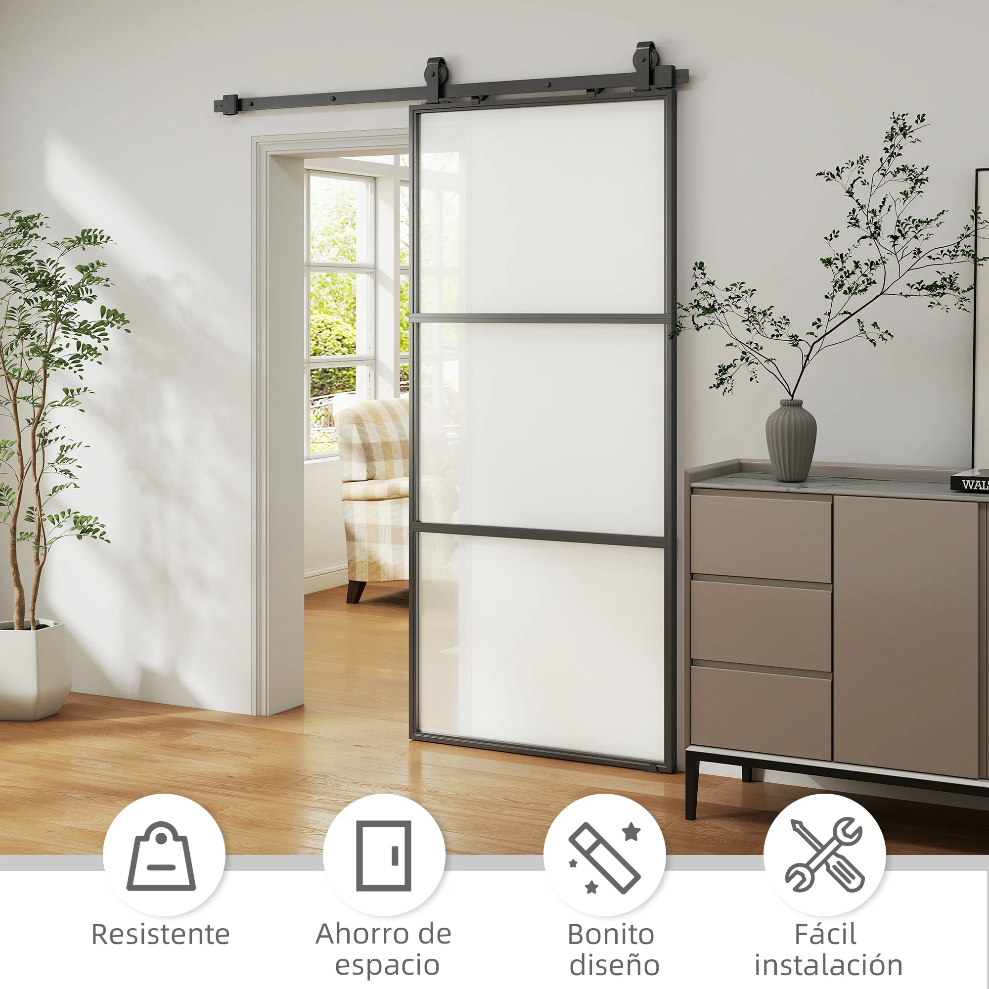 HOMCOM Puerta Corredera con Herrajes Puerta Corredera de Cristal con Mecanismo Cierre Suave para Baño Salón Sala de Estar Cocina 91,4x203,2 cm - imagen 4