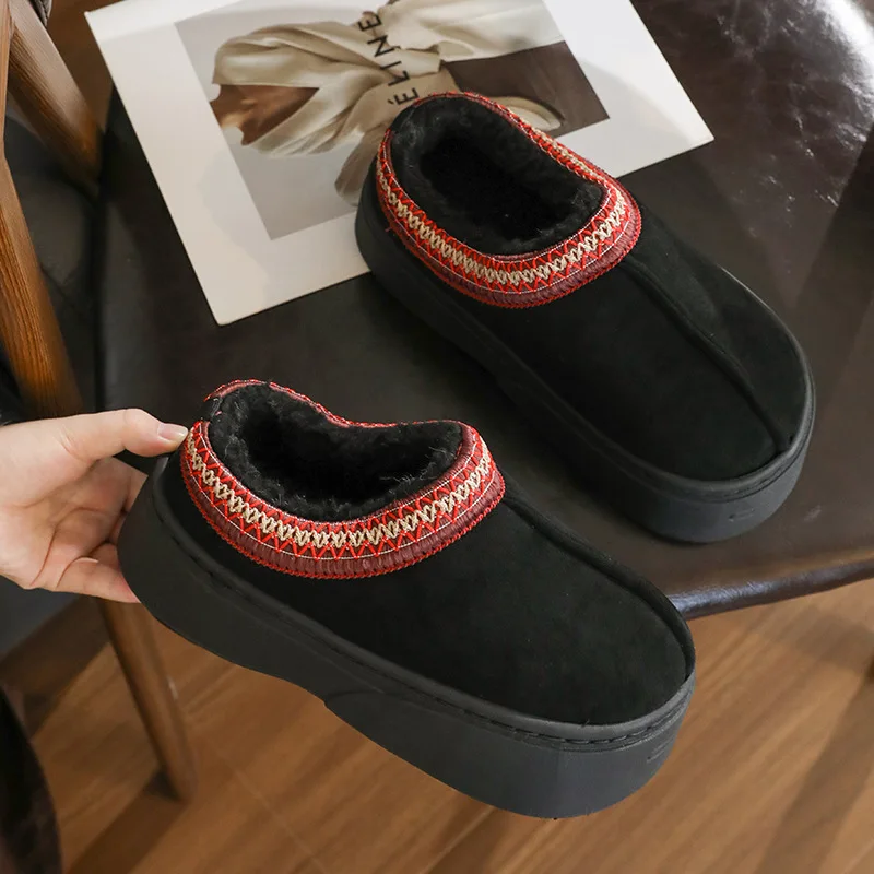 Zapatillas de algodón de estilo étnico para mujer, zapatos de plataforma que mantienen el calor, suela gruesa de felpa suave, toboganes esponjosos para el suelo de la casa - imagen 2