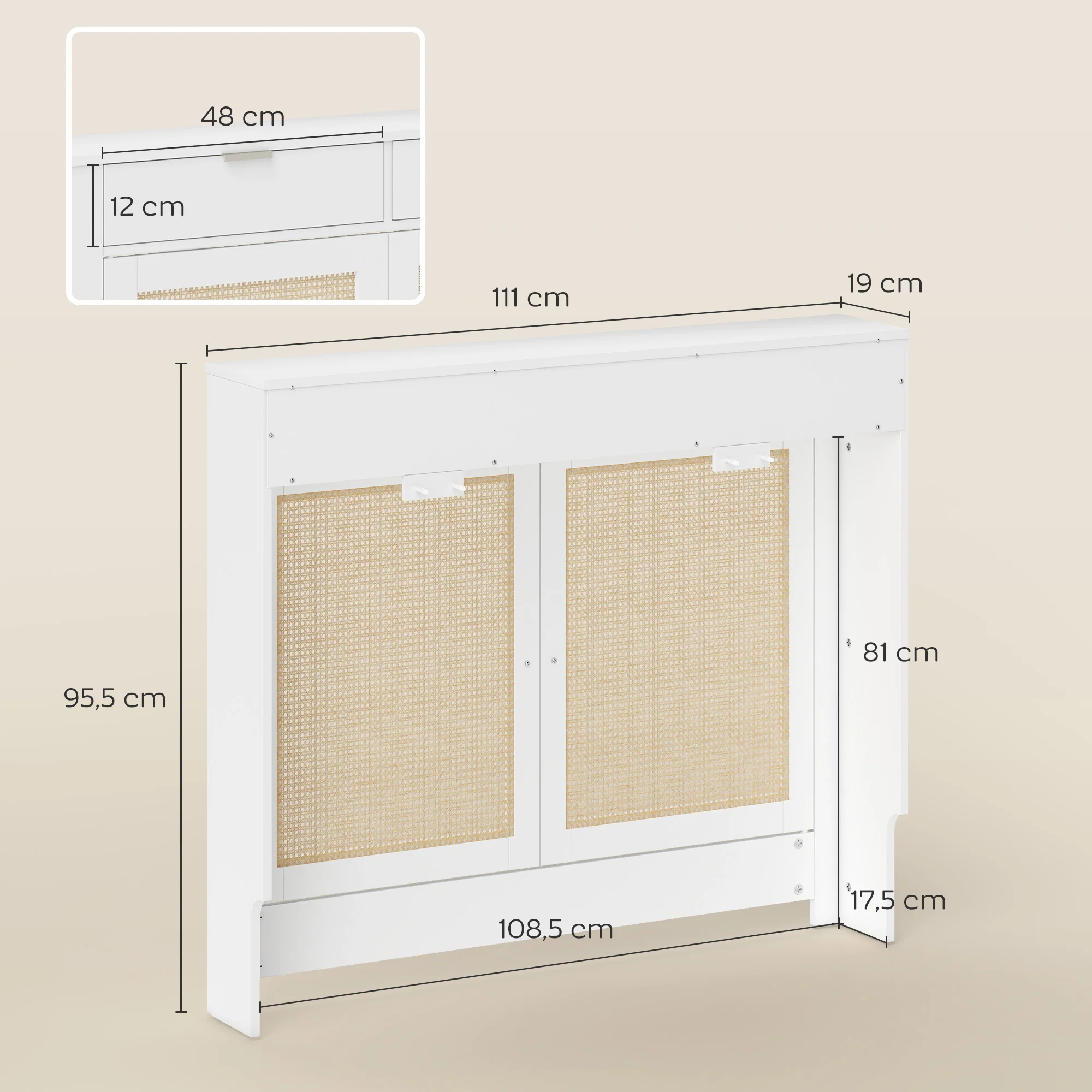 HOMCOM Cubre Radiadores con Puertas Abatible y Ratán, Cubreradiador de MDF, Cubierta para Radiador, Compartimento, Diseño Bohemio, para Salón, Dormitorio, Blanco - imagen 4