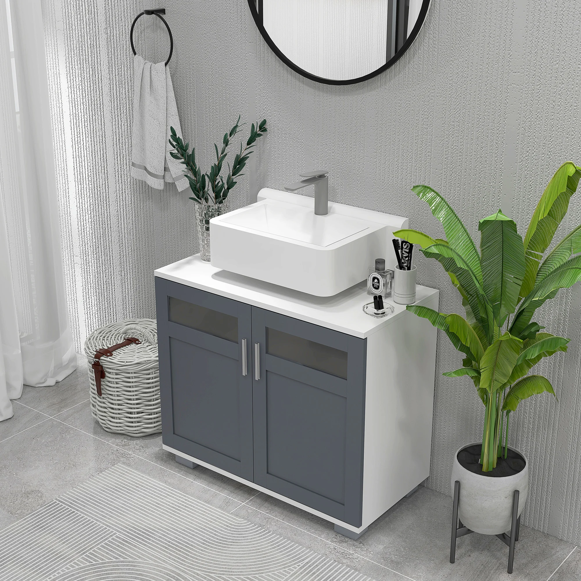 kleankin Mueble para Debajo del Lavabo Armario de Baño Bajo Lavabo con 2 Puertas de Vidrio Templado y Estante Ajustable 69x35x59 cm Blanco y Gris - imagen 4