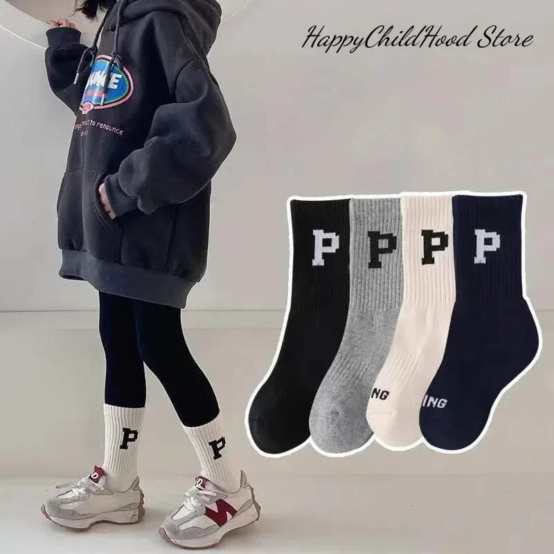 Primavera otoño niños niñas calcetines deportivos moda Simple letra P calcetines de pantorrilla para niños medias de pantorrilla transpirables de algodón suave - imagen 4