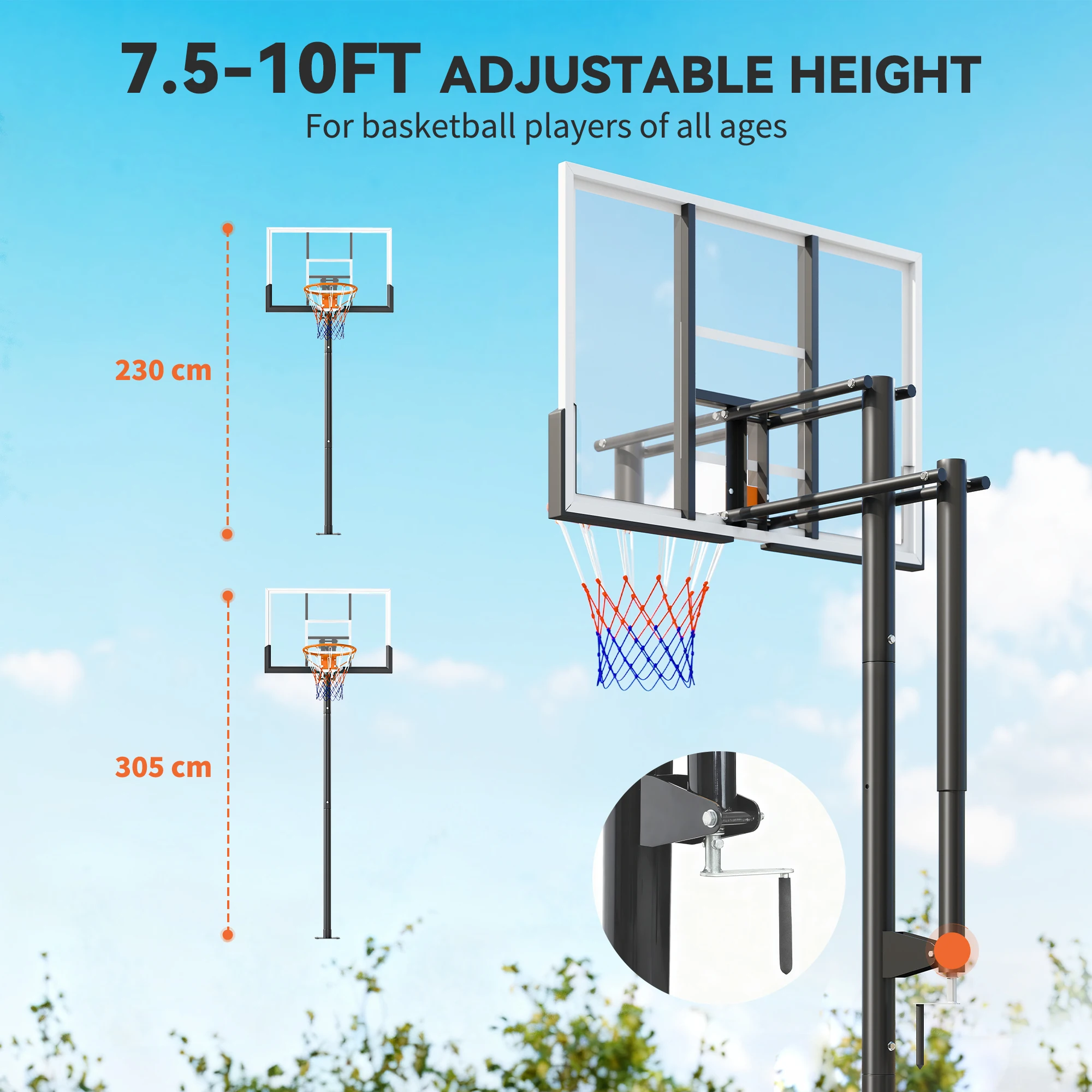 SPORTNOW Canasta de Baloncesto para Exterior, Altura Ajustable 230-305 cm, Canasta de Baloncesto con Soporte, Tablero Irrompible 120 cm, Aro Ø48 cm y Base Estable, para Adolescentes y Adultos, Negro - imagen 4