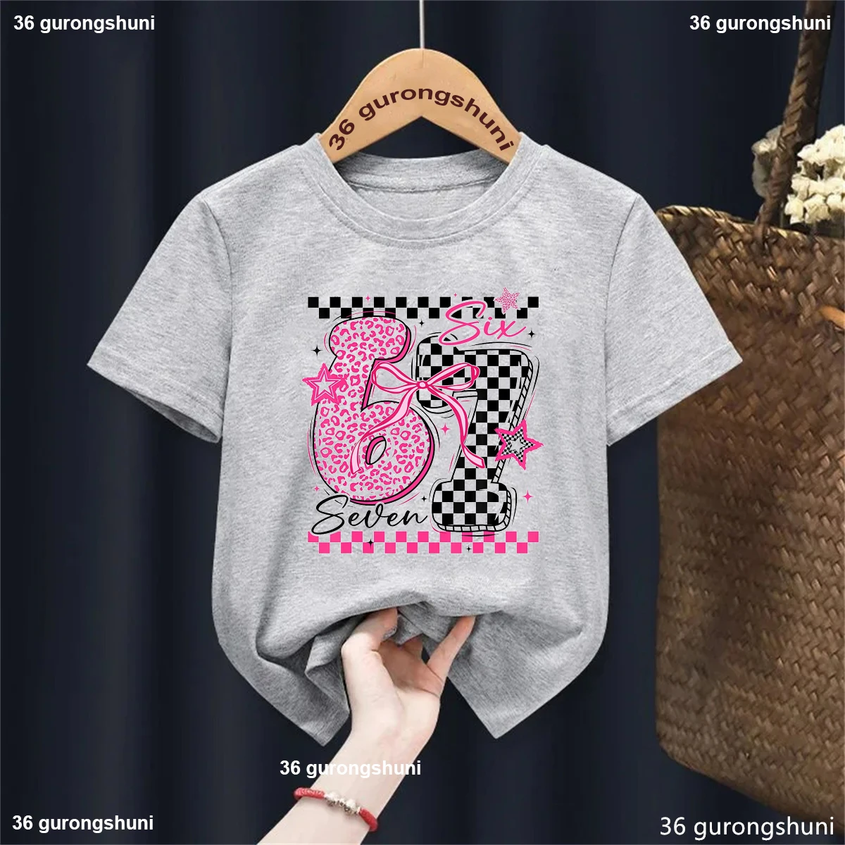 Camiseta con estampado de lazo y estrella de leopardo 67 Meme, ropa Kawaii para niñas, camiseta de manga corta de verano, camiseta informal lisa, ropa de calle - imagen 4
