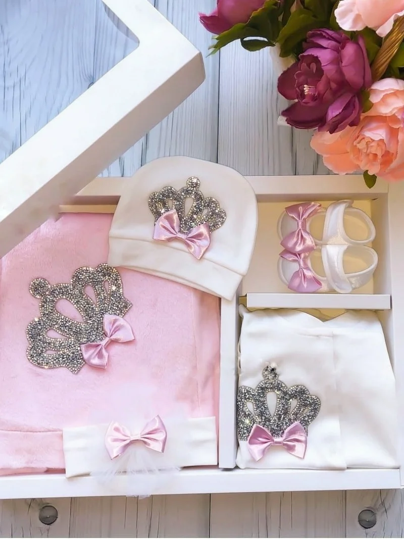 Conjunto de pelele de bebé fucsia hecho a mano, 3 uds., 100% algodón, ropa de nuevo diseño para recién nacido, traje de bebé de lujo de Organza nacarada personalizada preciosa - imagen 5