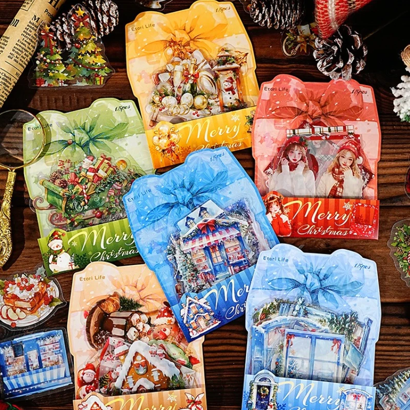 15 unids/lote Kawaii pegatinas de papelería Navidad sorpresa noche DIY artesanía álbum de recortes diario basura pegatinas de planificador feliz