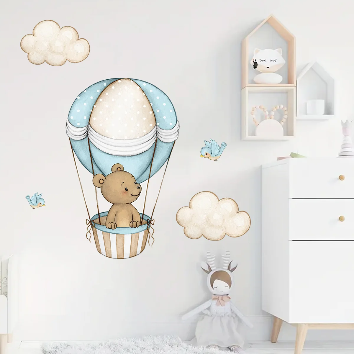 Pegatinas de pared con globos de aire caliente de oso de peluche para bebés, niñas, niños, calcomanías de pared para dormitorio, decoración de pared para guardería y guardería - imagen 5
