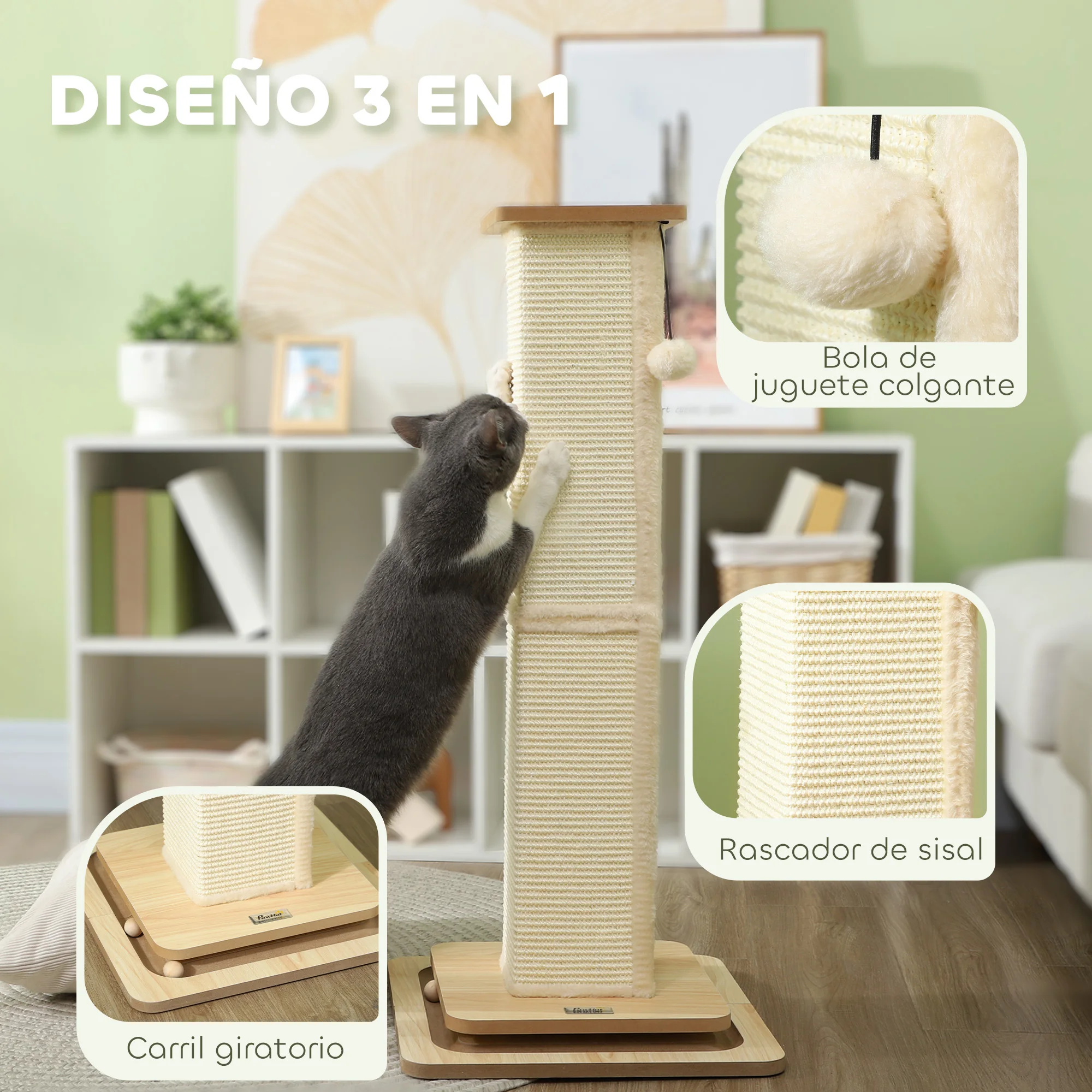 PawHut Poste Rascador para Gatos 87 cm Rascador para Gatos Arañador para Gatos con Bola Colgante Juguete de Pelota de Pista y Poste de Sisal Roble - imagen 4