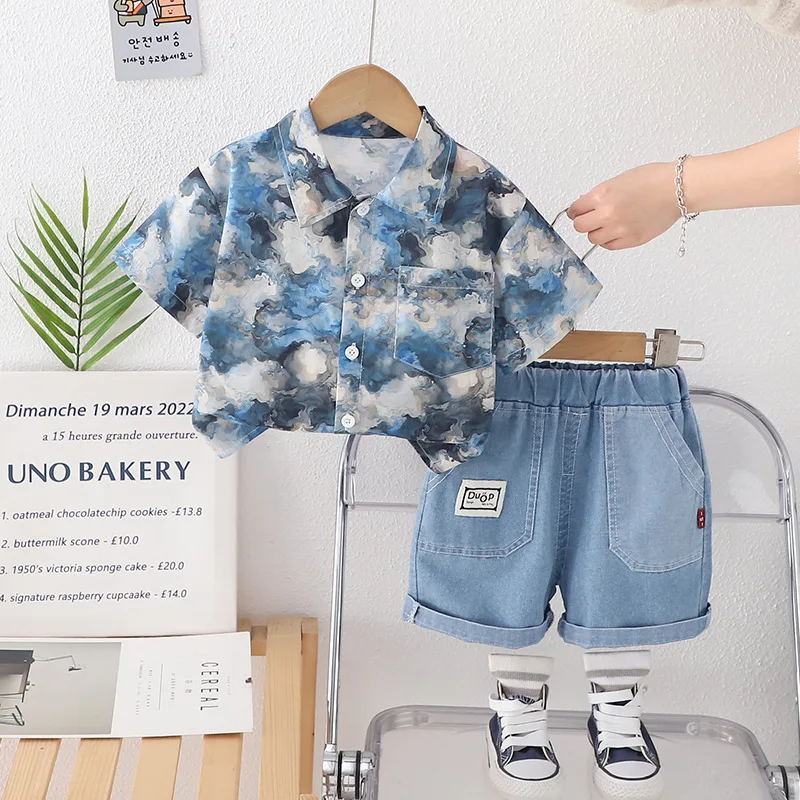 Ropa de moda de verano para bebés, traje para niños, camisa de manga corta, pantalones cortos, 2 unids/set, ropa para niños, disfraz informal de algodón para niños - imagen 3