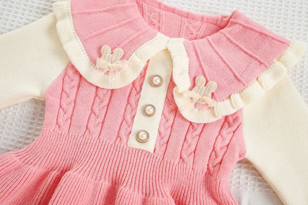 2025 otoño nuevo vestido para niñas vestido con cuello Peter Pan para niñas vestido de punto de línea Linda prendas de punto para niñas - imagen 5