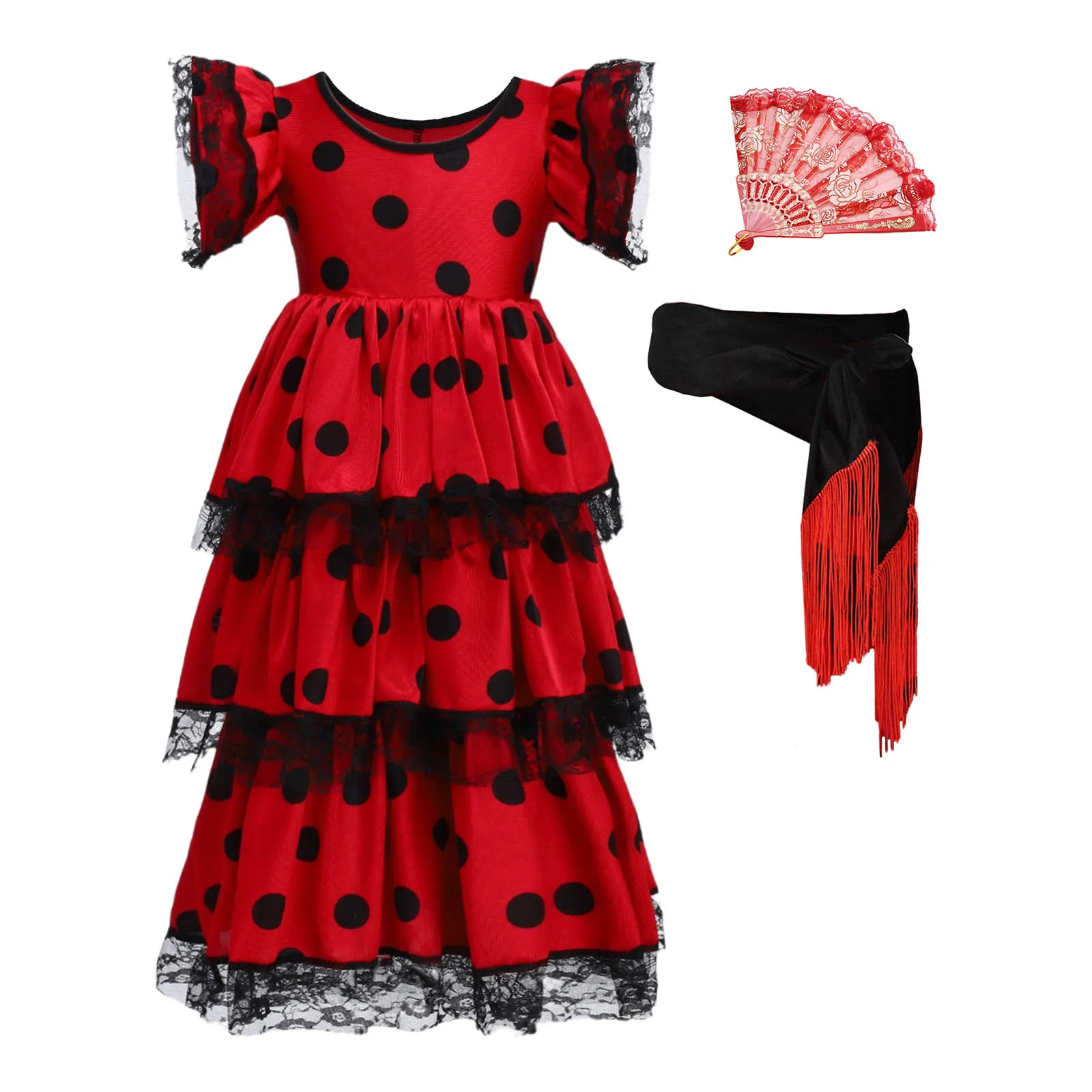 Vestido flamenco de niña con encaje, lunares y volantes con cinturón - imagen 2