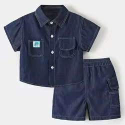 Ropa de verano de 2 piezas para niños pequeños, ropa coreana para niños, moda informal vaquera, camisetas de manga corta para bebés + Pantalones cortos, conjuntos para niños B059