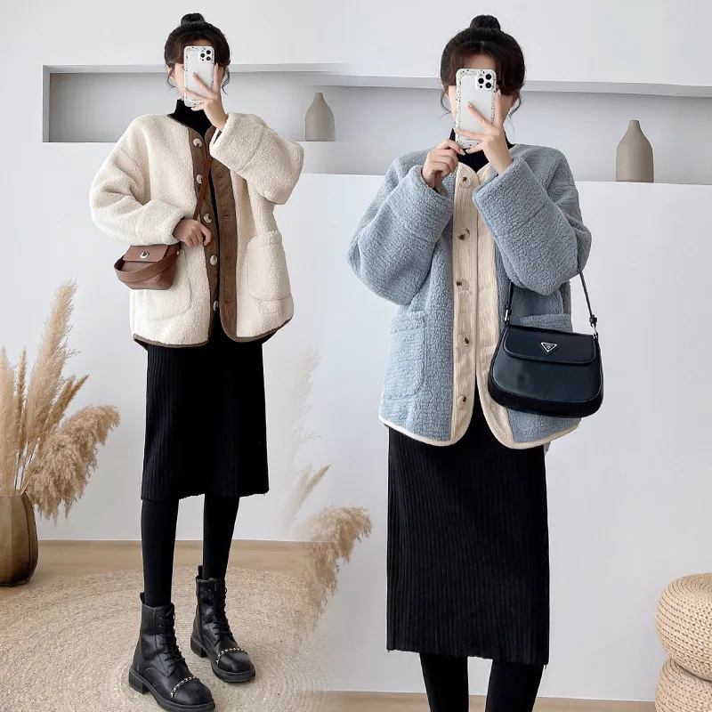 Chaqueta de invierno de piel Artificial, ropa de maternidad para mujeres embarazadas, abrigo de embarazo, chaquetas de lana Artificial, abrigo grueso para mujer cálido - imagen 2