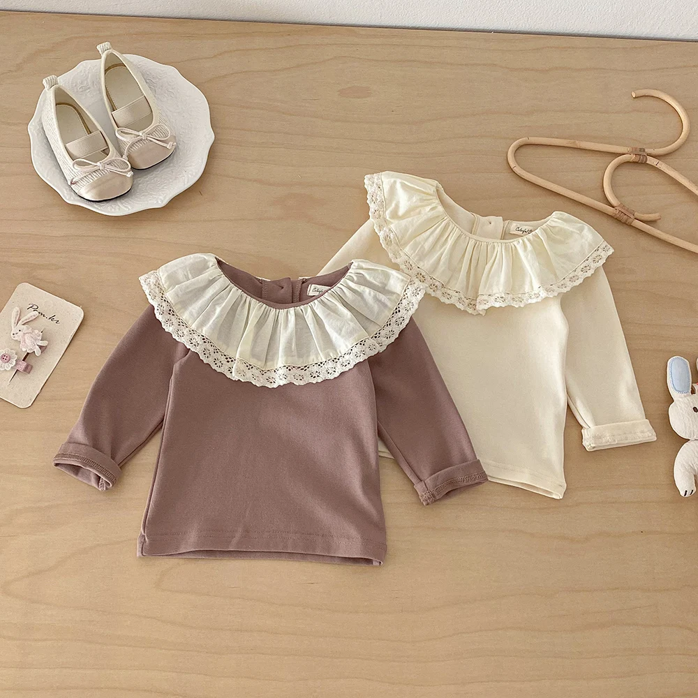 Polo manga larga niña con cuello solapa encaje – Primavera y otoño