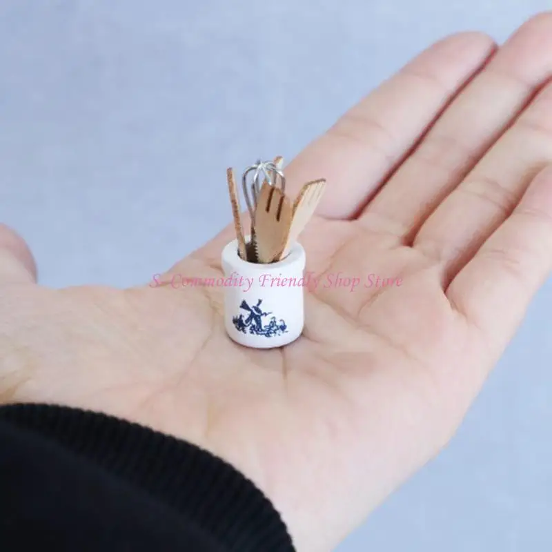 Juego accesorios cubiertos cocina en miniatura 85AE 1/12, utensilios madera con soporte cerámica - imagen 5