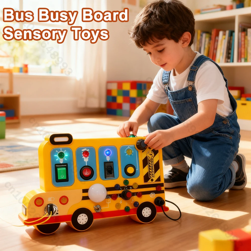 Tablero ocupado Montessori, juguetes sensoriales, autobús con interruptor de luz LED, tablero de Control, juego de botones LED multifuncional para niños, regalos de navidad