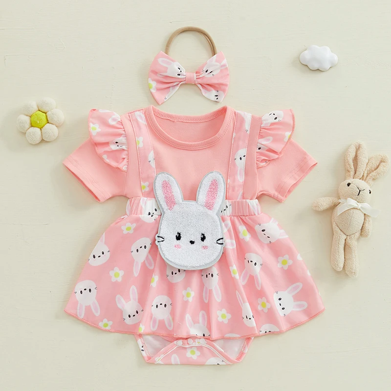 SUNSIOM Vestido mameluco de Pascua para niña de 0 a 18 meses, manga corta, cuello redondo, estampado de conejito, mameluco con diadema - imagen 2