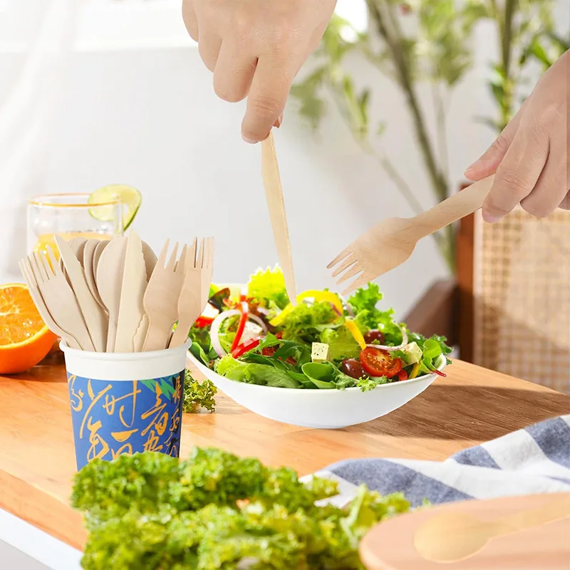 100/200 Uds. Tenedor y cuchara de madera desechables, vajilla para fiestas, adecuada para fiestas, banquetes de acampada, bodas, Picnics TMZ - imagen 4