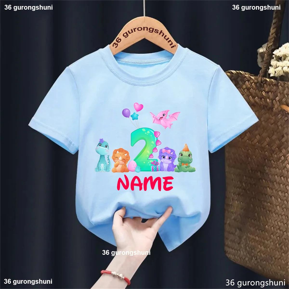 Camiseta con estampado de globos de dinosaurio y nombre personalizado para niñas/niños, ropa divertida de dinosaurio t-rex para niños pequeños, camiseta lisa Kawaii de verano - imagen 4