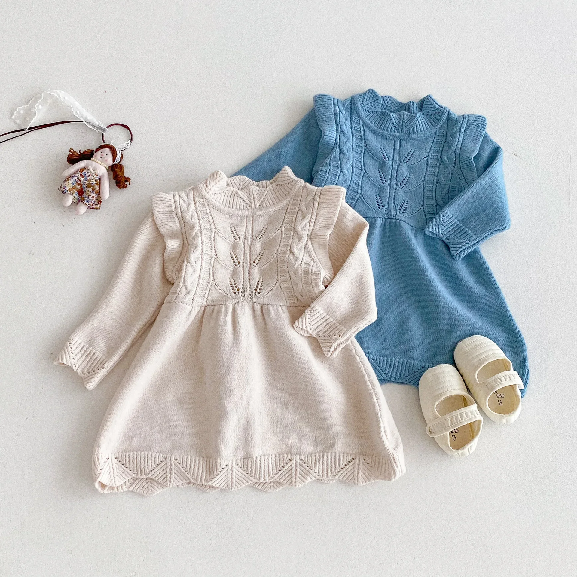 Ropa de otoño para niñas de 0 a 3 años, vestido de punto de línea A, vestido suéter de manga larga con cuello redondo, traje de punto para niños pequeños - imagen 2