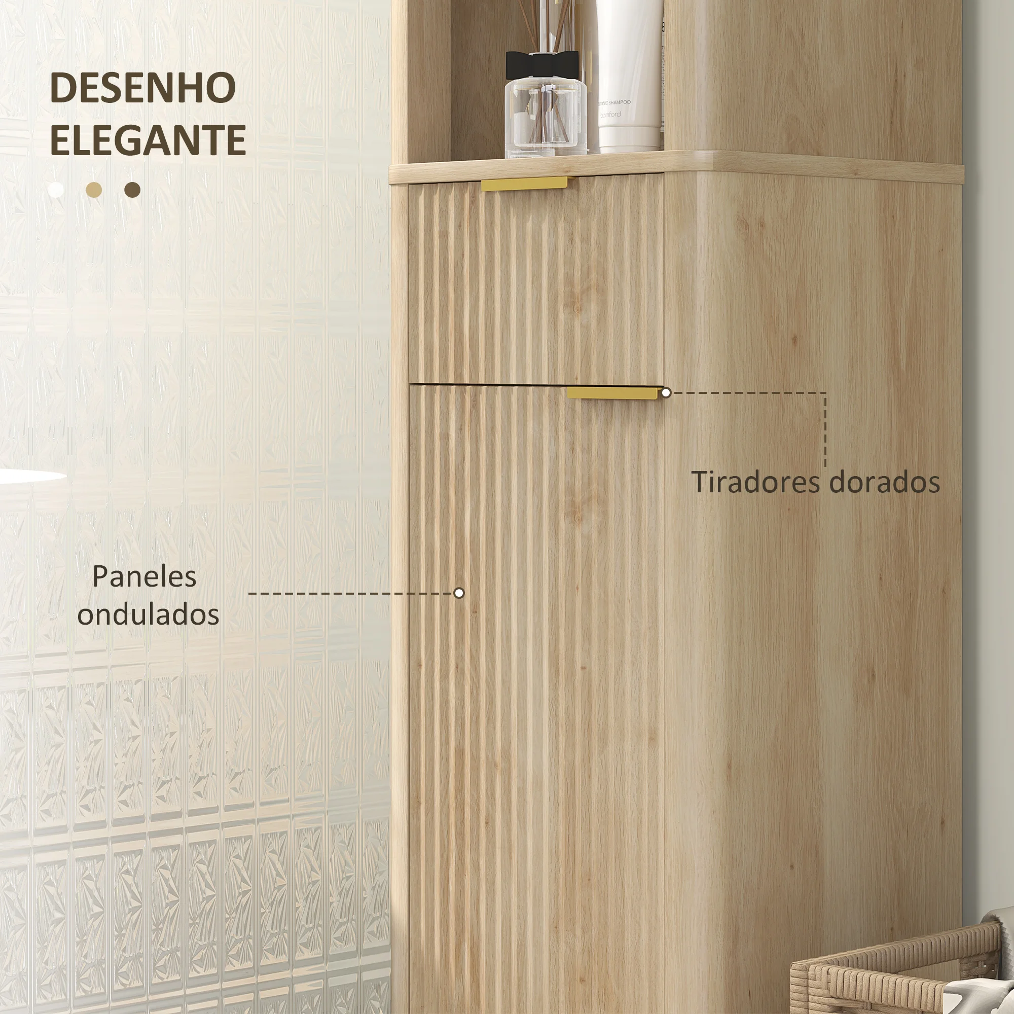 HOMCOM Mueble de Baño Estrecho Columna de Baño con Puerta de Acanalado Cajón 3 Compartimentos Abiertos y Estantes Ajustables 33x30x170 cm Natural - imagen 3