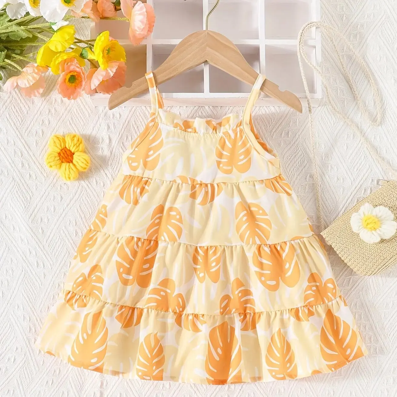 Vestido halter para niña con estampado de hojas pastel