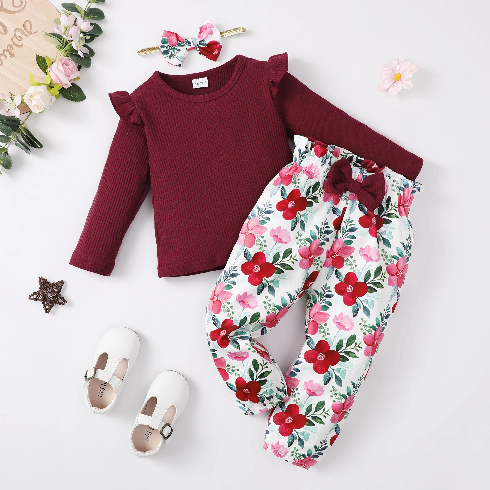 Conjunto de ropa para niña pequeña de 1 a 5 años, Top de manga larga, pantalones y diadema, traje de primavera para niña pequeña de 3 uds. - imagen 3