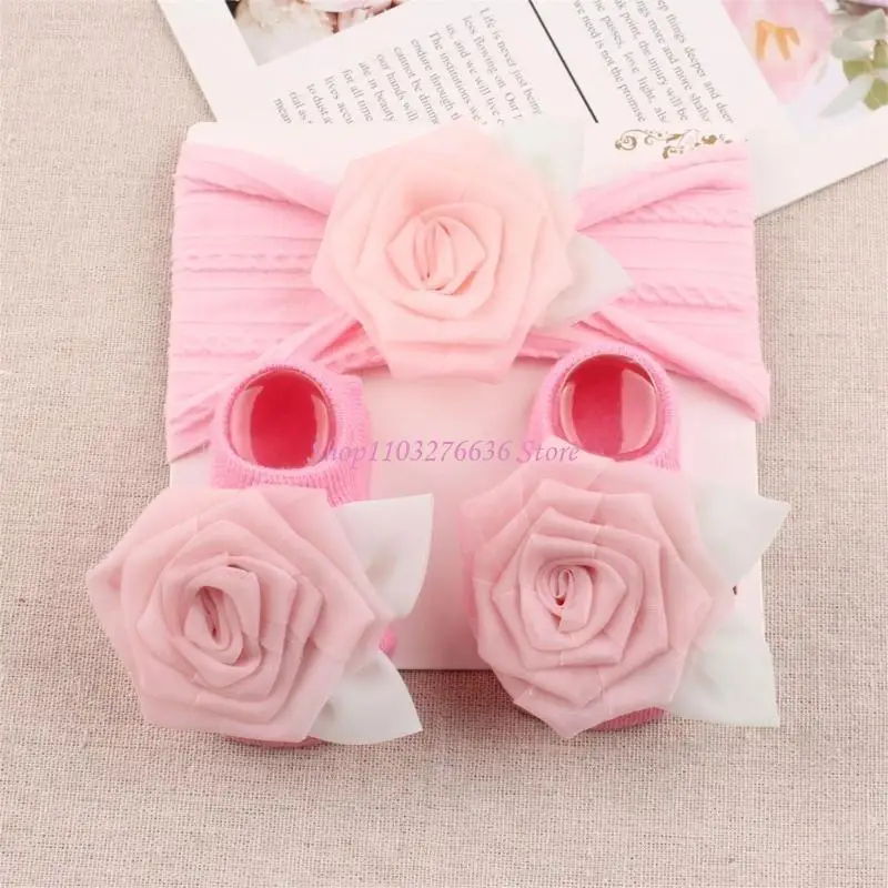 R6FD Calcetines y diadema para recién nacidos, par calcetines y gorros elásticos y cómodos para bebés, calcetines y cintas - imagen 4