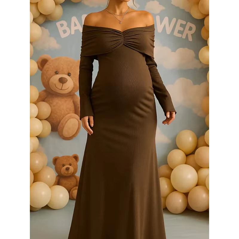 Vestido premamá para fotos de embarazo – Manga larga marrón - imagen 5