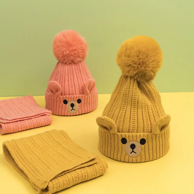 Conjunto de bufandas y gorros cálidos para niños pequeños, gorro de felpa de punto, gorro de ganchillo de animales de dibujos animados, lindo, Otoño e Invierno - imagen 2