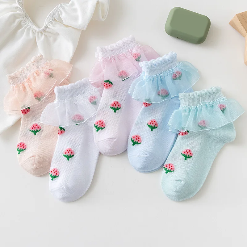 Lawadka-calcetines con estampado fino de fresas para niños y niñas, medias de encaje de princesa, de 1 a 15 años, 5 pares por juego