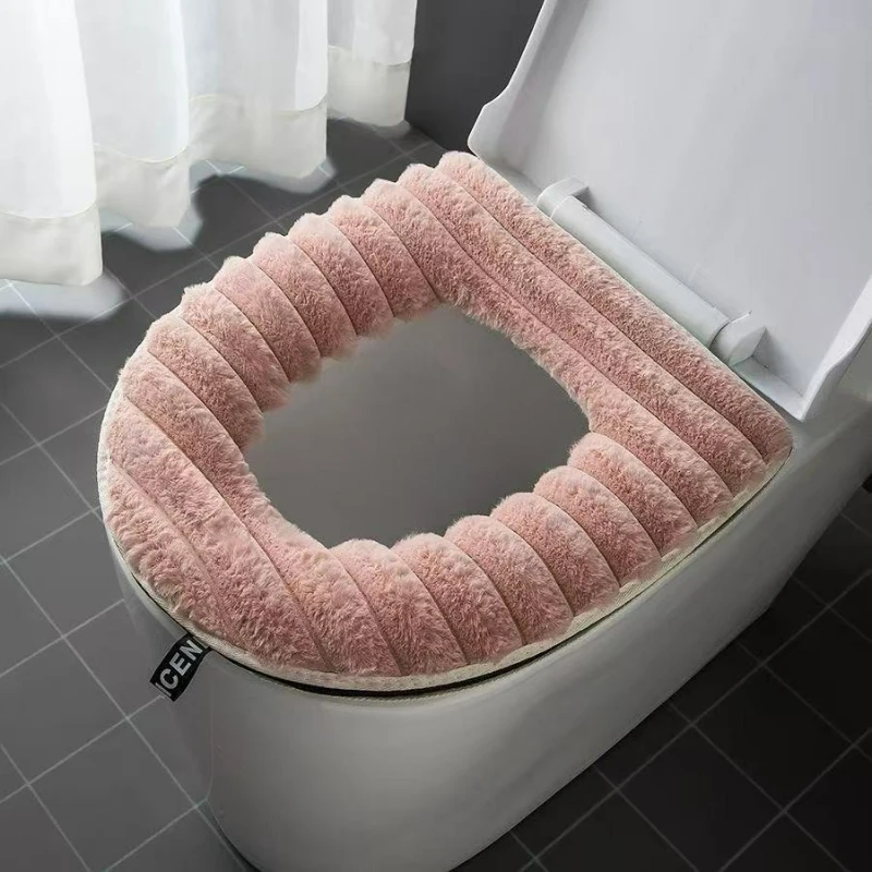 Cojín cálido para asiento de inodoro para uso doméstico, piel de conejo de peluche con cremallera, anillo de inodoro grueso para otoño e invierno, cubierta de inodoro Simple - imagen 2