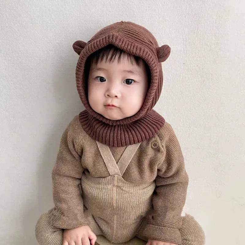 Gorro de pasamontañas coreano para niños, gorro con solapa para las orejas de invierno con bufanda, capucha, bonito diseño de orejas de Animal, gorro tejido para bebés, conjunto calentador de cuello cálido - imagen 2
