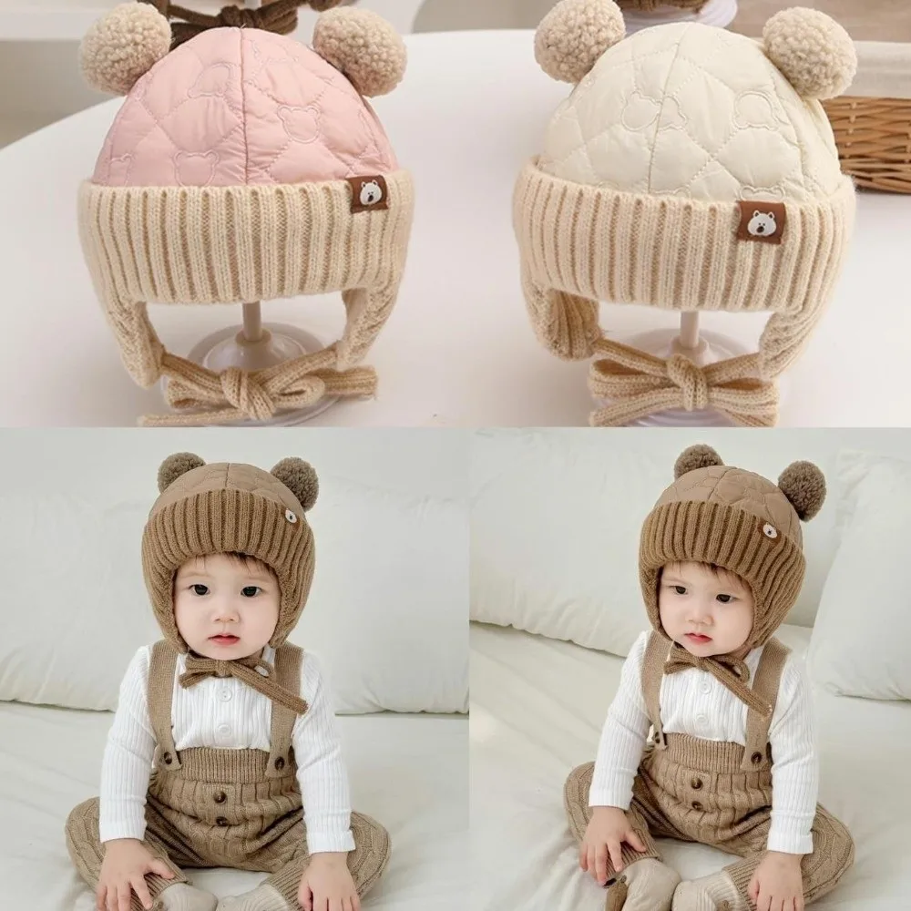 Gorro cálido de lana con protección para los oídos para bebé, Material grueso, estilo oreja de oso, gorro infantil, diseño de punto, cierre de corbata, gorro para niño pequeño - imagen 4