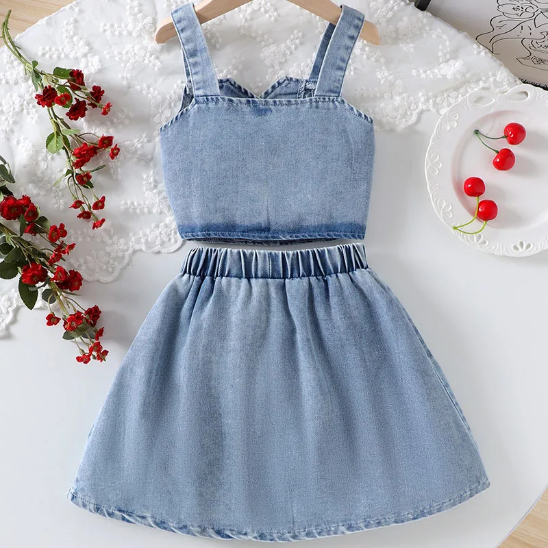 Ropa de verano vaquero cereza para bebé – Top azul falda - imagen 2